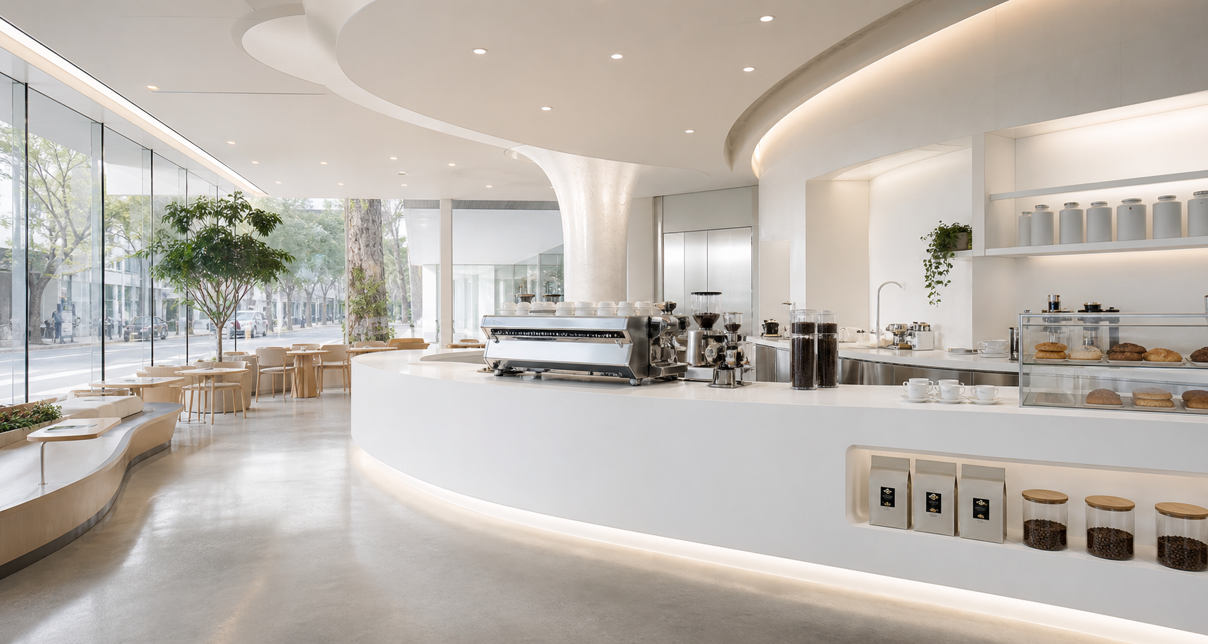 Cafe counter with espresso, latte art, coffee beans, and pastries